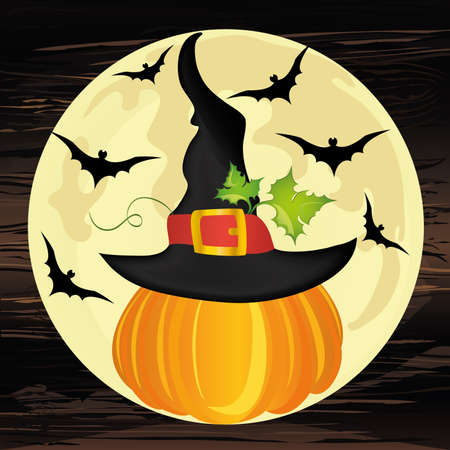 Halloween. Pumpkin in witch hat with the moon and bats. Vector on wooden background. The concept of an invitation to a party in traditional colors with a place for your text.のイラスト素材