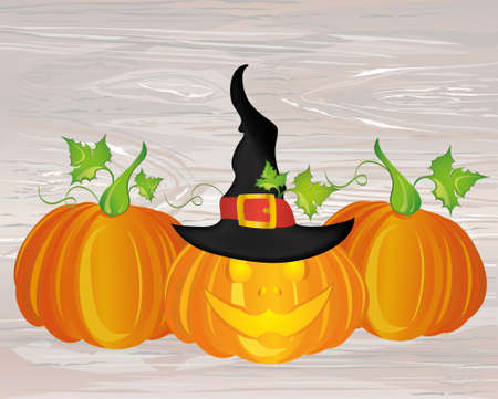 Halloween. Pumpkins with  Witch hat. Vector on wooden background. Greeting card or invitation for holiday and  party.のイラスト素材
