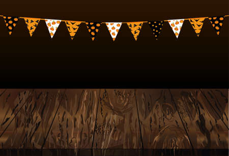 Carnival for Halloween with flags of Garland. Festive pattern. Vector on wooden background. The concept of an invitation to a party or a birthday card. Empty space for text or advertising.のイラスト素材