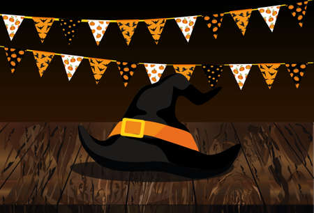 Carnival for the holiday with the flags of Garland and the hat of the witch. Festive drawing....