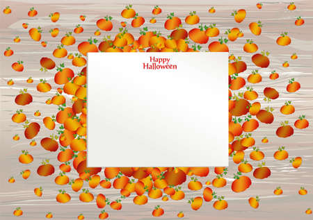 Composition of pumpkins. Halloween. Greeting card for a holiday or an invitation to a party. Empty space for text. Vector on wooden background.のイラスト素材