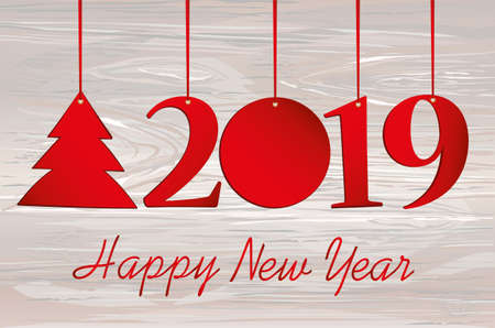 Figures 2019 and Christmas tree made of paper hanging on a red ribbon. New Year, winter theme....