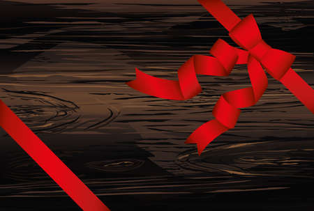 Decorative red ribbons with bow  banner in the corner diagonally. With copy space. Vector on wooden background. For a holiday or a party.のイラスト素材
