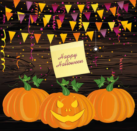 Halloween Carnival with flags Garlands. Vector. The concept of an invitation to a party in traditional colors. Illustration on wooden background.のイラスト素材
