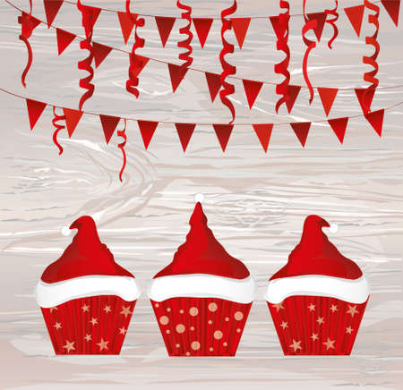 Christmas cupcakes with cream in the form of a Santa Claus hat. Garland with flags and confetti. Greeting card or invitation for the New Year holiday. Vector on wooden background.のイラスト素材