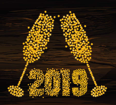 Christmas - golden figures in the form of glasses of champagne from confetti. 2019. Happy new year, winter. Vector. Greeting card for a holiday or invitation on a dark wooden background.のイラスト素材
