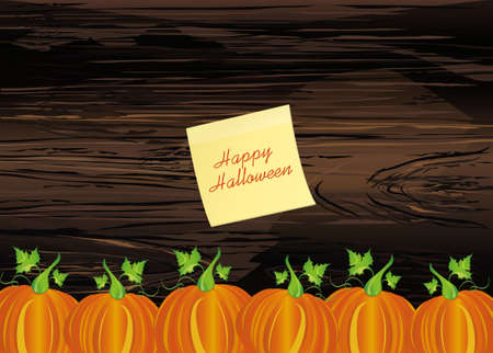 Halloween pumpkins. Vector illustration on wooden background. Greeting card or invitation to a party and a party. Yellow sheet of paper for notes. Sticker.のイラスト素材