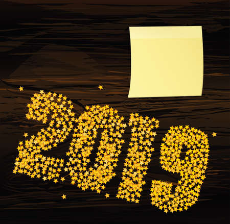 A Christmas the figures 2019 made of gold confetti. Happy new year winter. Yellow sheet of paper for...