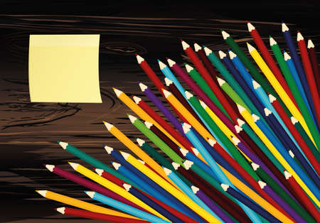 Colorful pencis. Yellow sheet of paper for notes. Sticker. Vector on wooden background.のイラスト素材