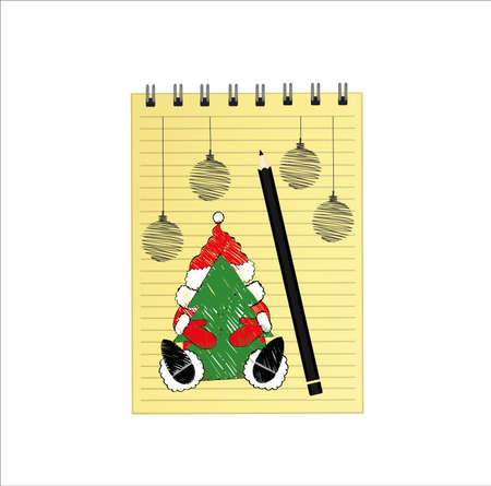 Notebook template with christmas santa clause and ball and pencil. Vector on white background. Greeting card on holiday. A realistic notepad. Office stationery. For notesのイラスト素材