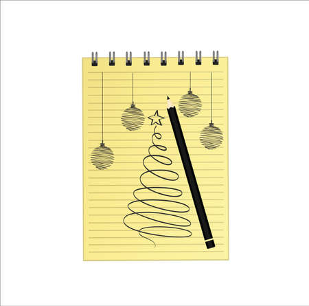 Realistic opened notebook template with christmas tree and ball and pencil. Vector on white background. Diary for business. Greeting card on holiday. A realistic notepad. Office stationery. For notesのイラスト素材