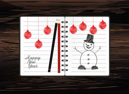 Notebook template with christmas snowman and ball and pencil. Vector on wooden background. Greeting card on holiday. A realistic notepad. Office stationery. For notesのイラスト素材