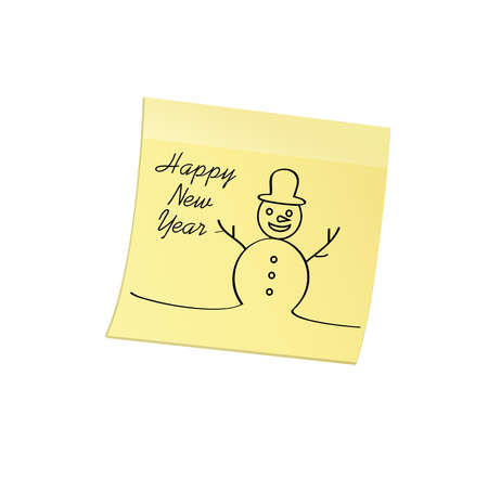 Hand-drawn christmas snowman on yellow sticker and notepad. Vector on white background