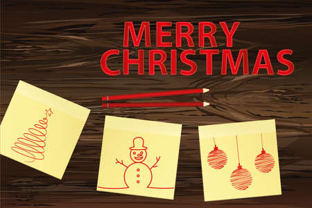 Hand-drawn christmas tree and santa claus and snowman on three yellow stickers. Greeting card. Vector with colorful pencils on wooden backgroundのイラスト素材