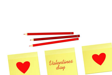 Red hearts red  on a stickers for Valentine's Day. Creative design concept with colorful pencils. Vector illustration on white background.  Copy space for text.のイラスト素材