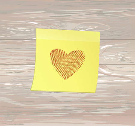 Simple lines in the shape of a heart red  on a yellow sticker for Valentine's Day. Creative design concept. Vector illustration on wooden background.  Copy space for text.のイラスト素材
