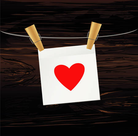 Red heart on white sticker hanging on clothespins. Vector on wooden backgroundのイラスト素材