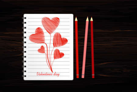 Notebook with template hand-drawn bouquet of red hearts . Vector on wooden background. Greeting card on holiday. Valentines day. A realistic notepad. Office stationery. For notesのイラスト素材