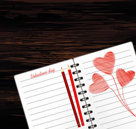 Notebook with template hand-drawn bouquet of red hearts . Vector on wooden background. Greeting card on holiday. Valentines day. A realistic notepad. Office stationery. For notesのイラスト素材