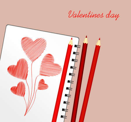 Notebook with template hand-drawn bouquet of red hearts . Vector on wooden background. Greeting card on holiday. Valentines day. A realistic notepad. Office stationery. For notesのイラスト素材