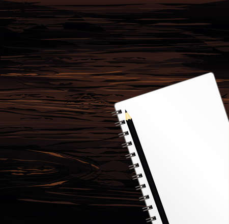 Notebook with a pencil for education, business. Product for a book with paper and concept. Empty space for text. Vector on wooden backgroundのイラスト素材