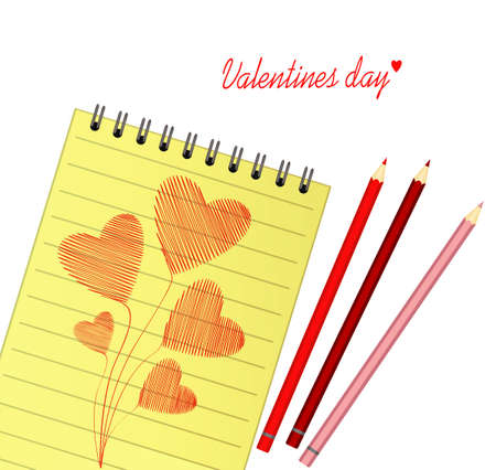 Notebook with template hand-drawn bouquet of red hearts . Vector on wooden background. Greeting card on holiday. Valentines day. A realistic notepad. Office stationery. For notesのイラスト素材