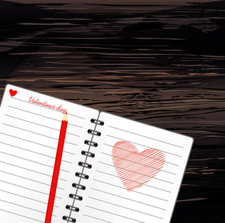 Notebook with template hand-drawn red heart and pencil. Vector on wooden background. Greeting card on holiday. Valentines day. A realistic notepad. Office stationery. For notesのイラスト素材