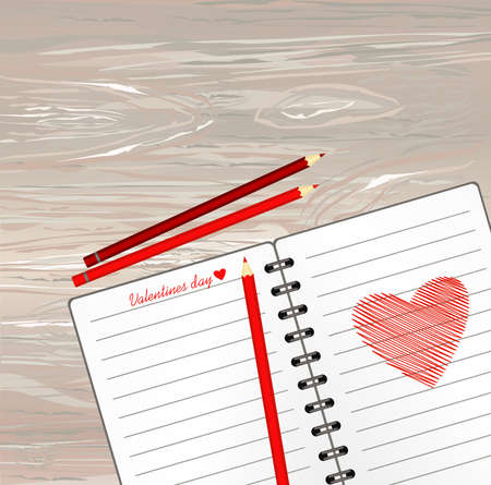 Notebook with template hand-drawn red heart and pencils. Vector on wooden background. Greeting card on holiday. Valentines day. A realistic notepad. Office stationery. For notesのイラスト素材