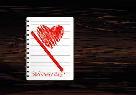 Notebook with template hand-drawn red heart and pencil. Vector on wooden background. Greeting card on holiday. Valentines day. A realistic notepad. Office stationery. For notesのイラスト素材