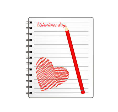 Notebook with template hand-drawn red heart and pencil. Vector on white background. Greeting card on holiday. Valentines day. A realistic notepad. Office stationery. For notesのイラスト素材