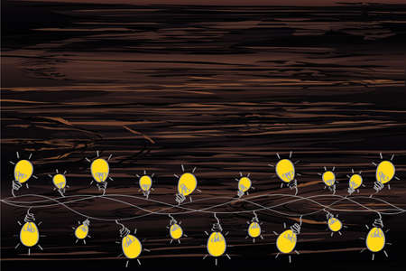 A set of warm light bulb garlands, holiday decorations. The lamps. Glowing Christmas lights. Vector on wooden background.のイラスト素材