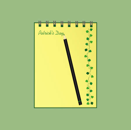 Notebook with template hand-drawn Green festive bunting with clover and pencil. Irish holiday - Happy St. Patrick's Day with a garland of three-leaf. Vector. A realistic notepad. Office stationery.のイラスト素材