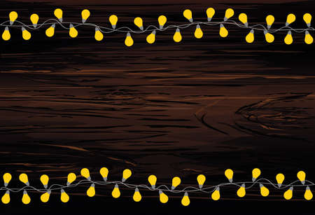 A set of warm light bulb garlands, holiday decorations. The lamps. Glowing Christmas lights. Vector on wooden background.のイラスト素材