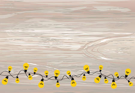 A set of warm light bulb garlands, holiday decorations. The lamps. Glowing Christmas lights. Vector on wooden background.のイラスト素材