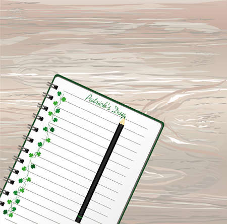 Notebook with template hand-drawn Green festive bunting with clover and pencil. Irish holiday - Happy St. Patrick's Day with a garland of three-leaf. Greeting card on holiday. Vector on wooden backgroundのイラスト素材