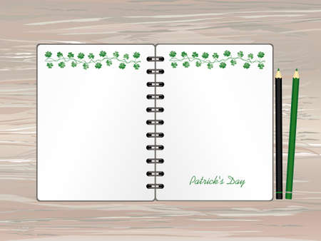 Notebook with template hand-drawn Green festive bunting with clover and pencil. Irish holiday - Happy St. Patrick's Day with a garland of three-leaf. Greeting card on holiday. Vector on wooden backgroundのイラスト素材