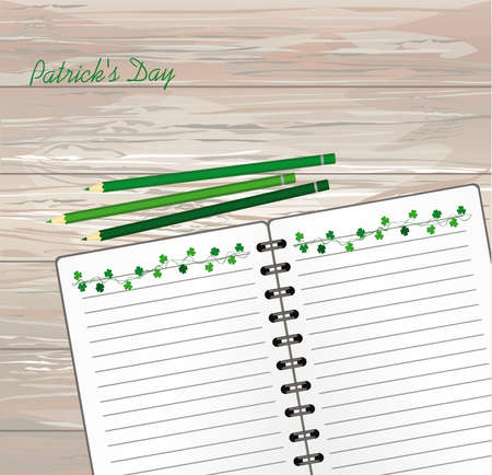 Notebook with template hand-drawn Green festive bunting with clover and pencil. Irish holiday - Happy St. Patrick's Day with a garland of three-leaf. Greeting card on holiday. Vector on wooden backgroundのイラスト素材