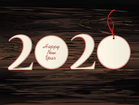 Figures 2020 with christmas ball of paper. New Year, Winter theme. Vector. Greeting card on a wooden backgroundのイラスト素材