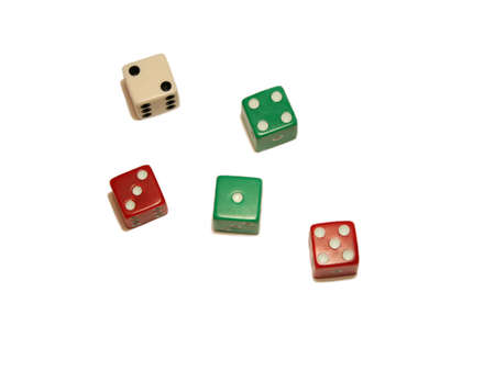 five coloured dies showing numbers in sequence or の写真素材