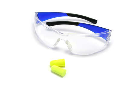Plastic safety glasses and disposable earplugsの写真素材