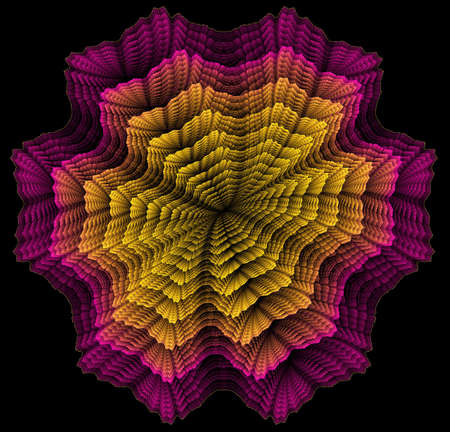 a rosette style fractal in tones of pink and yellow on a black backgroundの写真素材