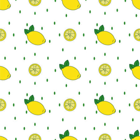 Yellow lemon seamless pattern with green dots in the background.のイラスト素材