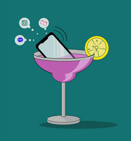 An illustration of a smartphone in a cocktail glass with a slice of lemon. The phone is ringing and there are several social media notifications. The illustration represents digital detox.のイラスト素材