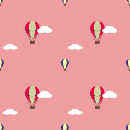 Seamless pattern with air balloons and clouds on pink background. Nursery wallpaper.のイラスト素材