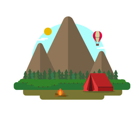 An illustration of a camp. Red camping tent and camp fire with mountains and trees and a ball in the background.のイラスト素材