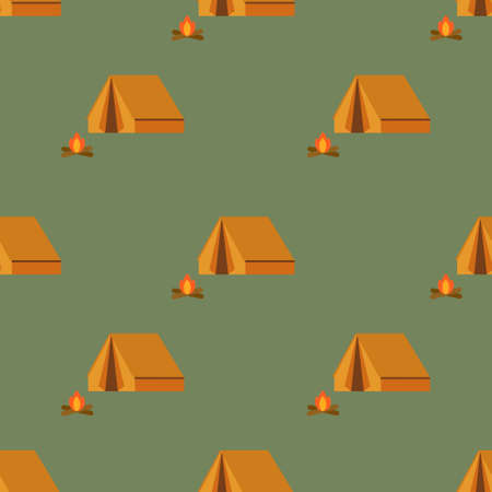 A seamless pattern with orange touristic camping tent and camp fire.のイラスト素材