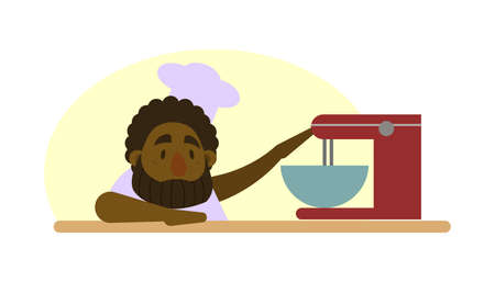 An illustration of an african american chef in a white hat preparing food standing next to a red mixer.のイラスト素材