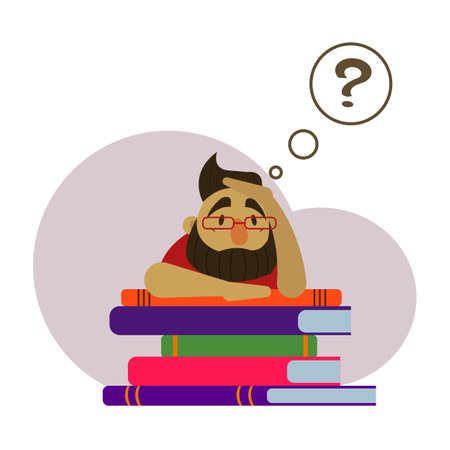 An illustration of a bearded man with glasses sitting on books. A man preparing for exams.のイラスト素材