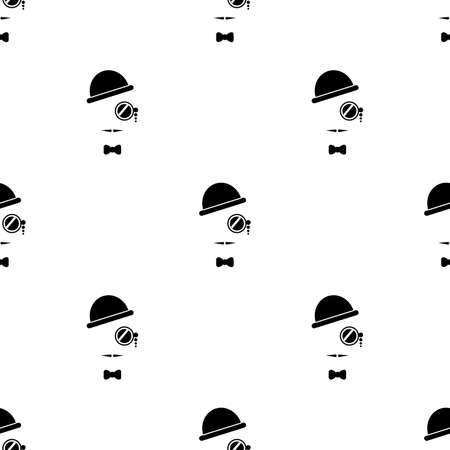 A seamless pattern with black gentleman silhouette on white background. Hat, mustache, lorgnette. English man wallpaper.のイラスト素材