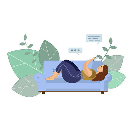 An illustration of a woman laying on a blue sofa with her smartphone. Green leaves on the background. Curvy lady relaxing home. Body positive.のイラスト素材